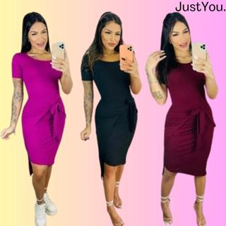 Vestido Midi Mid Canelado Envelope Sobreposição Manga 3 4 Elegante Amarração