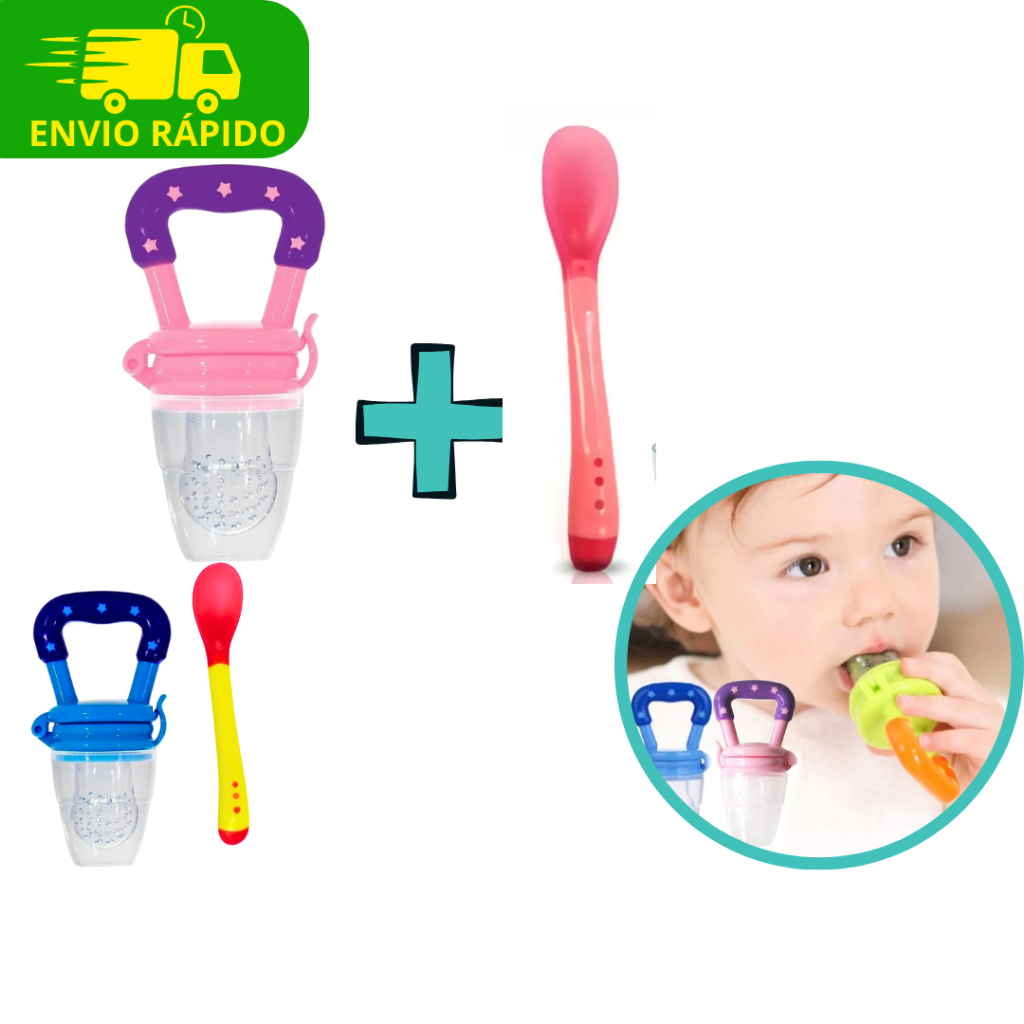 Conjunto Colher Termosensível Ponta Mole + Chupeta Alimentadora Para Frutas De Bebê  Introdução Alimentar Infantil