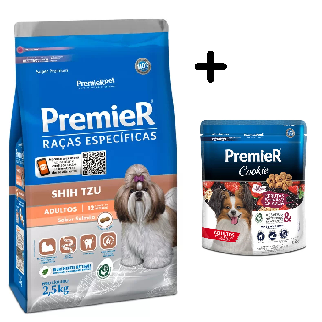 Ração Premier Raças Específicas Shih Tzu sabor Salmão 1kg + Cookie Premier Frutas Vermelhas