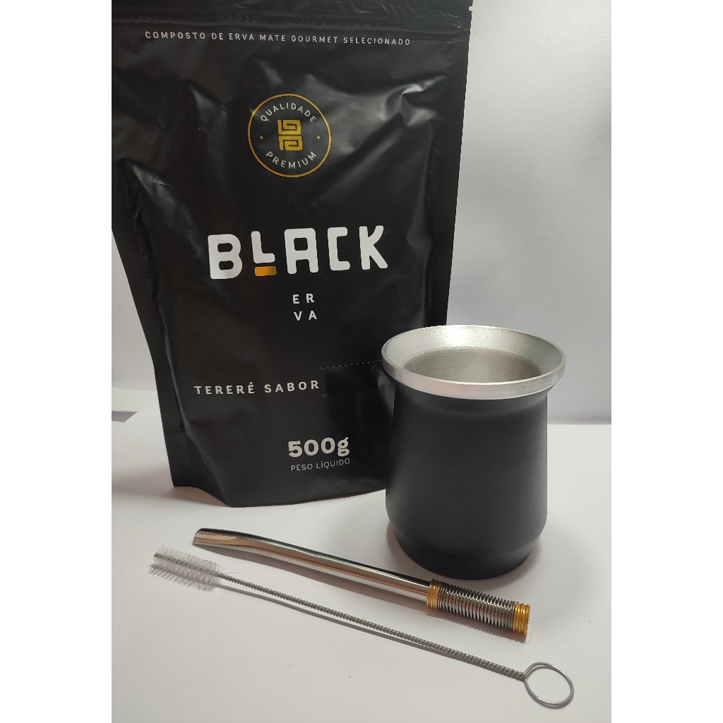 Kit de tereré : Copo Cuia Alumínio PRETO Dupla Camada Premium 300ml + Bomba Mola Externa Premium POLIDA + Erva Black + Escovinha para Higienização