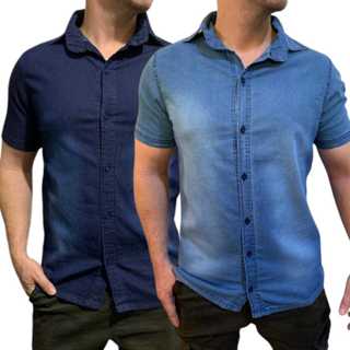 Camisa Jeans Slim Manga Curta Social Masculina com Elastano