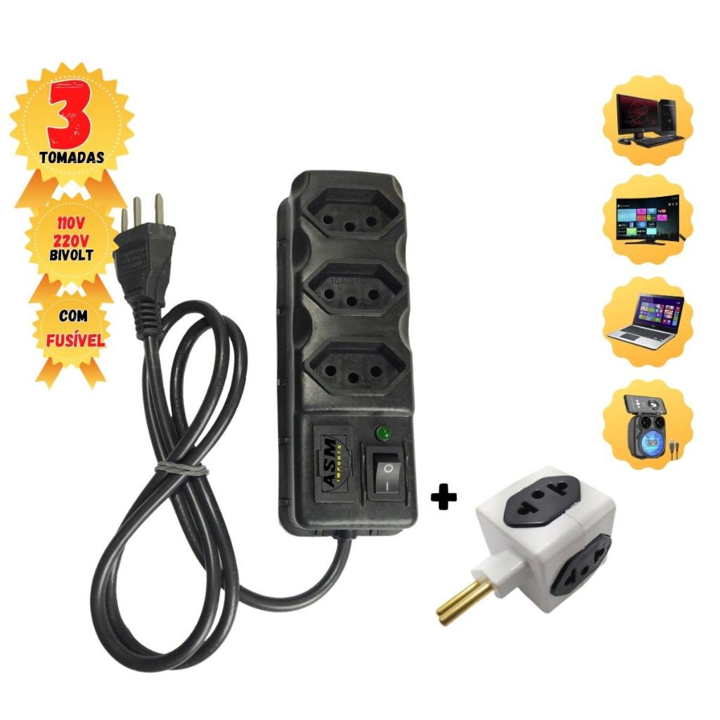Regua Eletrica 3 Tomadas 10 A Filtro De Linha Bivolt 110v-220v + Cubo Adaptador de Tomadas