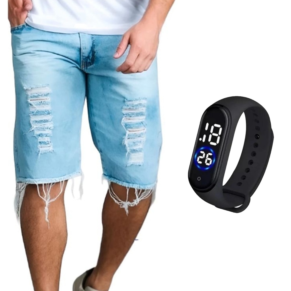 Bermuda Short Jeans Masculina Rasgada Desfiada Clara + Relógio Esportivo A Prova D'Água