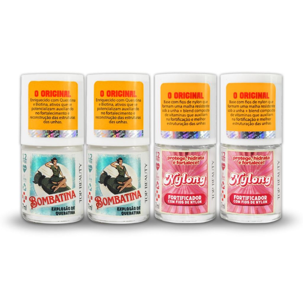 Kit 2 Bases Bombatina Explosão de Queratina + 2 Bases Nylong Fortificador p/ Unha com Fios de Nylon 12 FREE