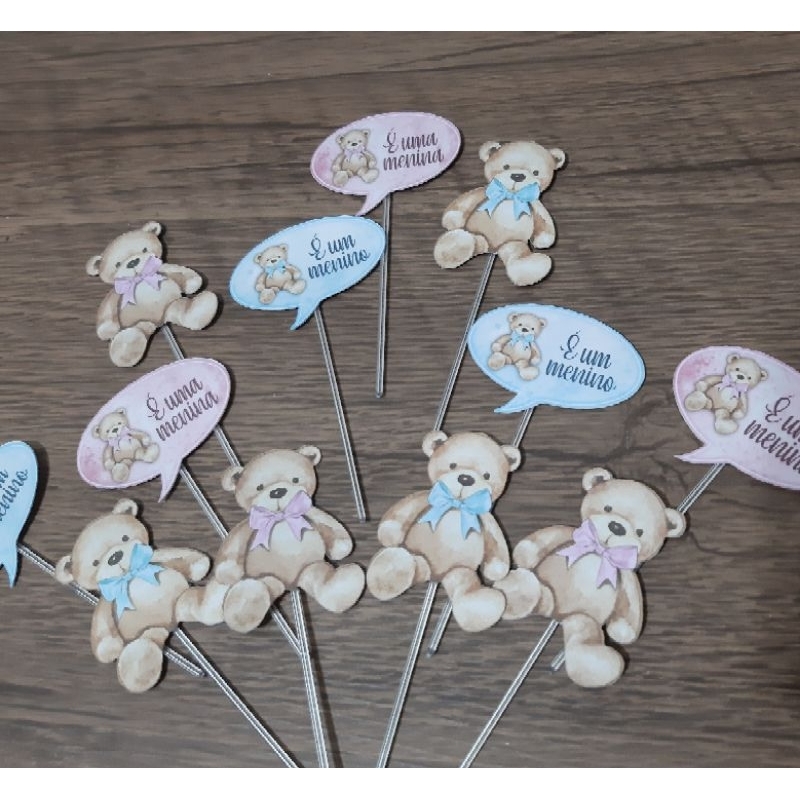 Kit Tags Chá de Revelação 40 ursinhos e 40 balões/Ursos Chá de Revelação/Balões é menino e é menina