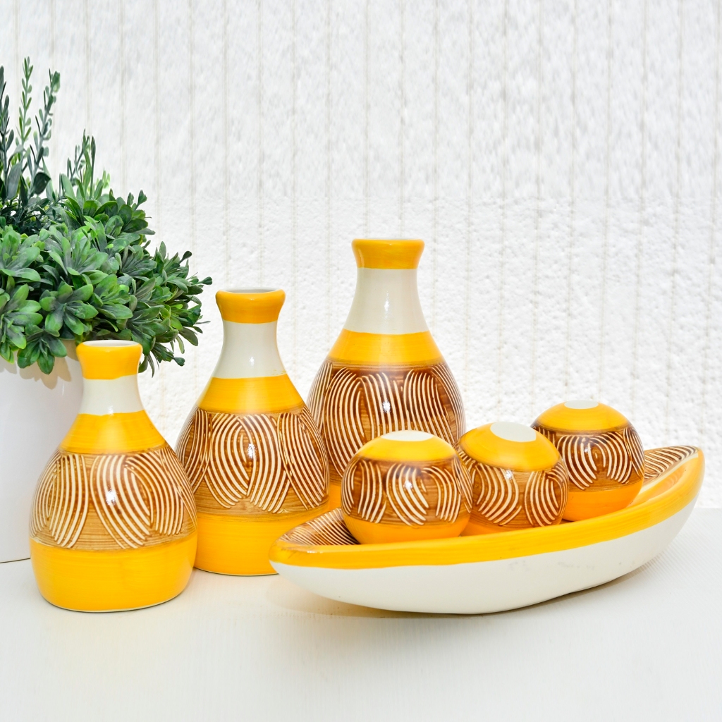 Kit 7 Peças Trio Vaso Grande Decorativo p Sala Conjunto Objeto Decorativo Cerâmica Decoração Enfeite Rack centro de mesa