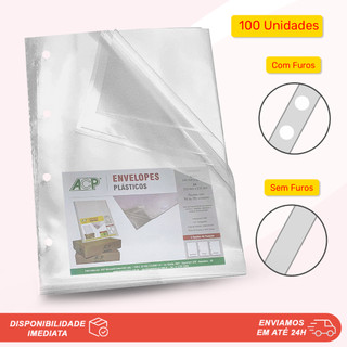100 Envelopes Plásticos A4 Ofício Transparentes 4 Furos ou Sem Furos para Fichário ACP Escritório Papelaria