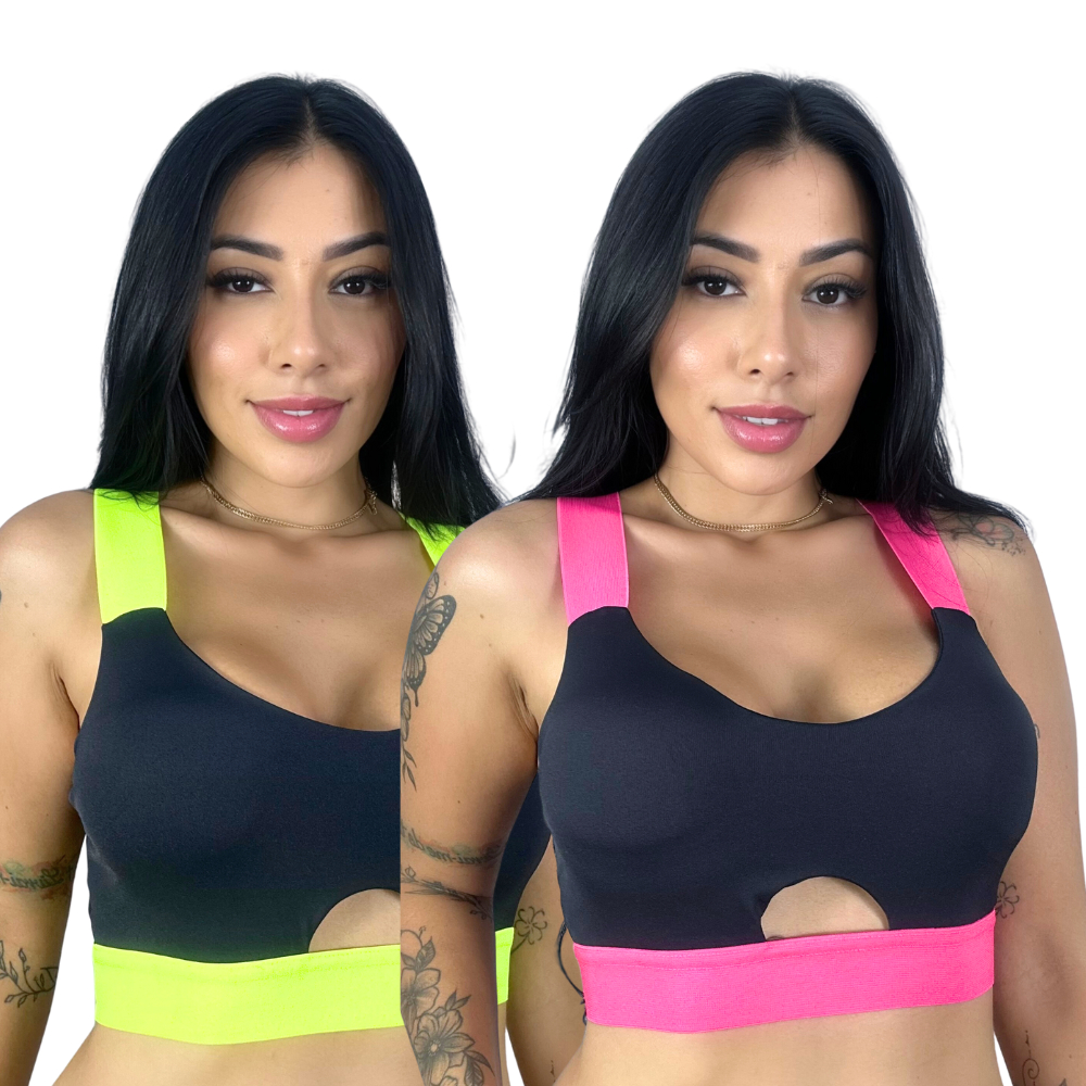 Kit 2 Top Academia Fitness Com Bojo Removível Poliamida Neon Elástico Reforçado Crossfit  Top Esportivo Roupa Íntima Feminina