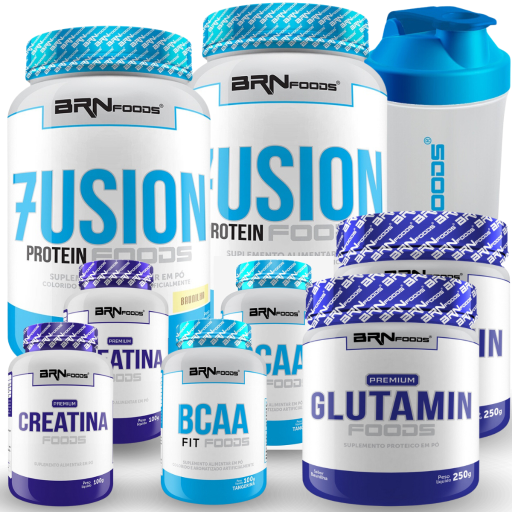 KIT 2x Whey Protein Fusion Protein 900g + 2x BCAA 100g + 2x Premium Creatina 100g + 2x Glutamina 250g + Coqueteleira - BRN Foods