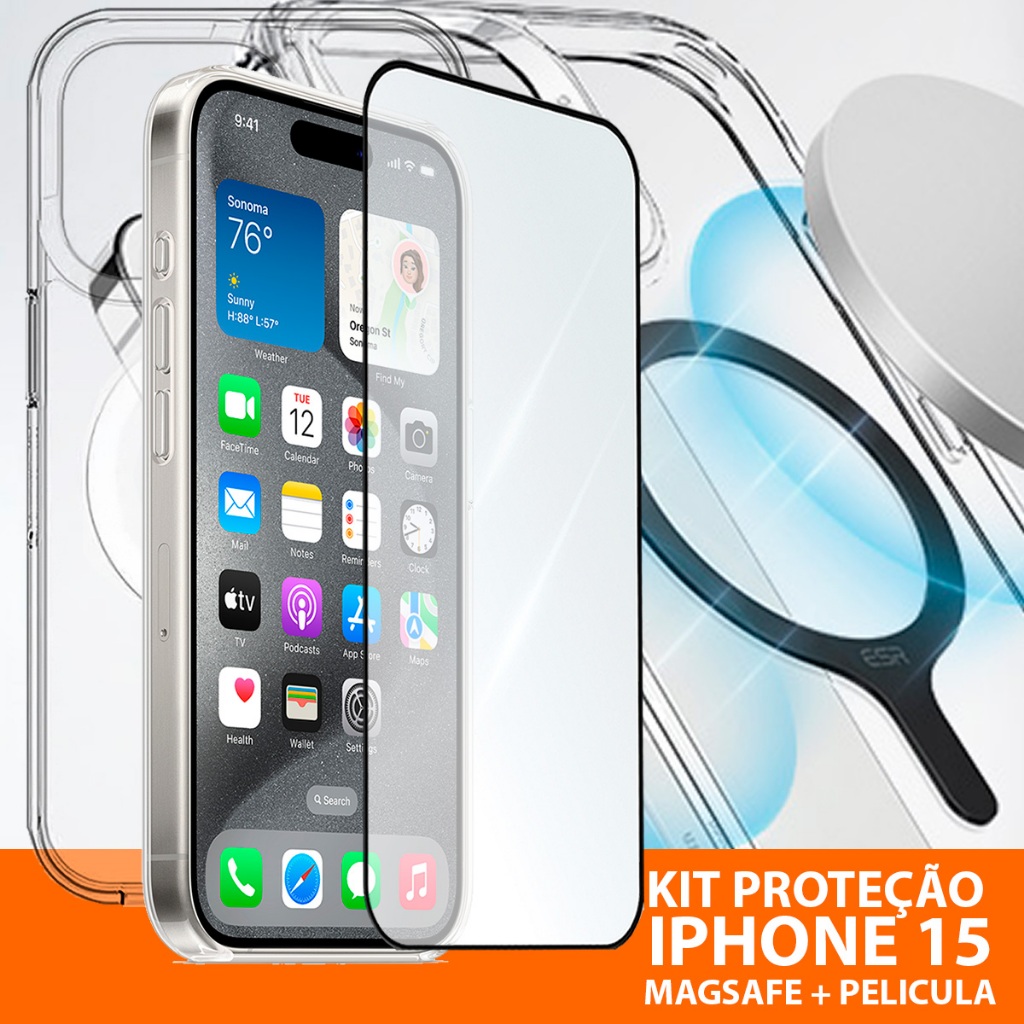 Kit iPhone 15 Pelicula 3D + Capinha MagSafe Magnetica Carregamento Inducao e Sem Fio Todos os Modelos iPhone 15 Plus, iPhone 15 Pro, iPhone 15 Pro Max