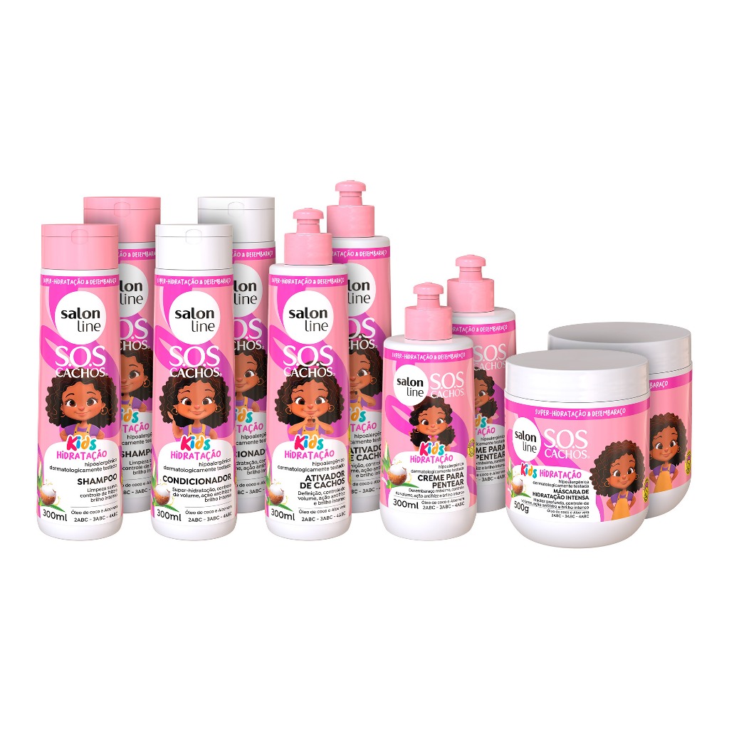 Kit SOS Kids 2 Shampoo 2 Condicionador 2 Máscara 2 Ativador 2 Creme Salon Line