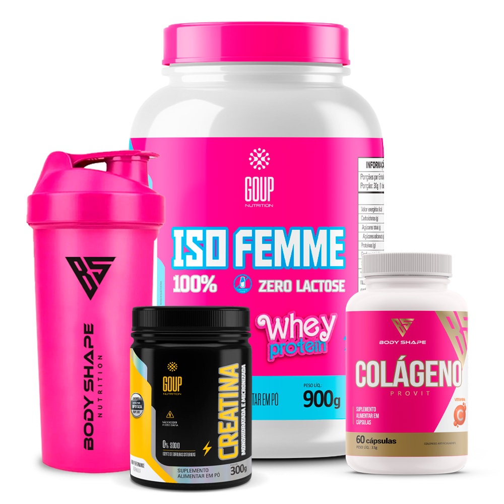 Whey Isolado Zero Lactose + Creatina 300g + Colágeno 60 cápsulas + Coqueteleira Rosa