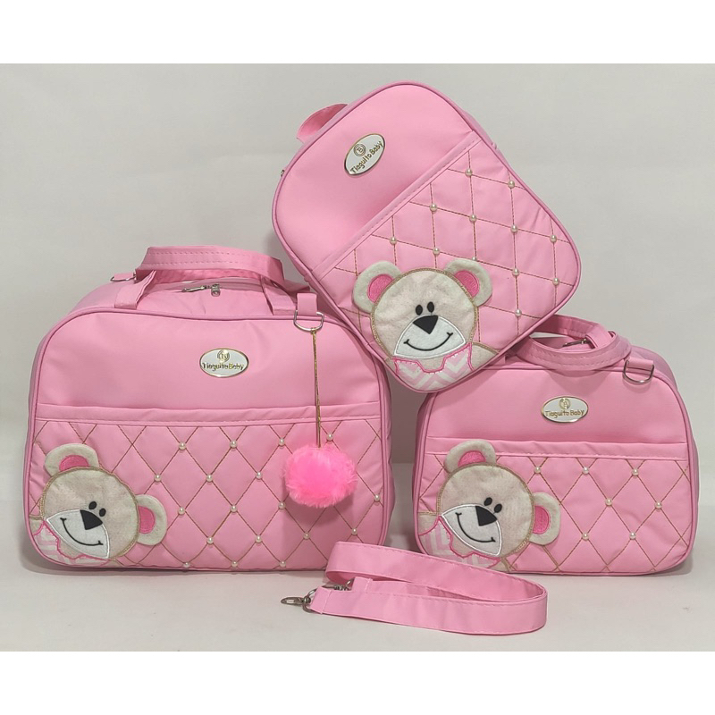 Kit Bolsa de Bebê Urso de Lado 3 Peças (Rosa)