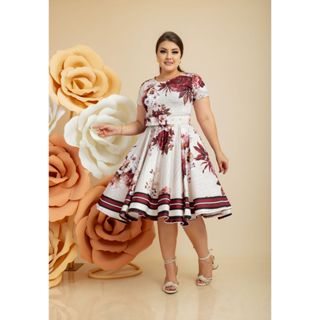 Vestido Midi Godê Nude com Bordo Florido Estampado Acompanha Cinto P ao Plus Size