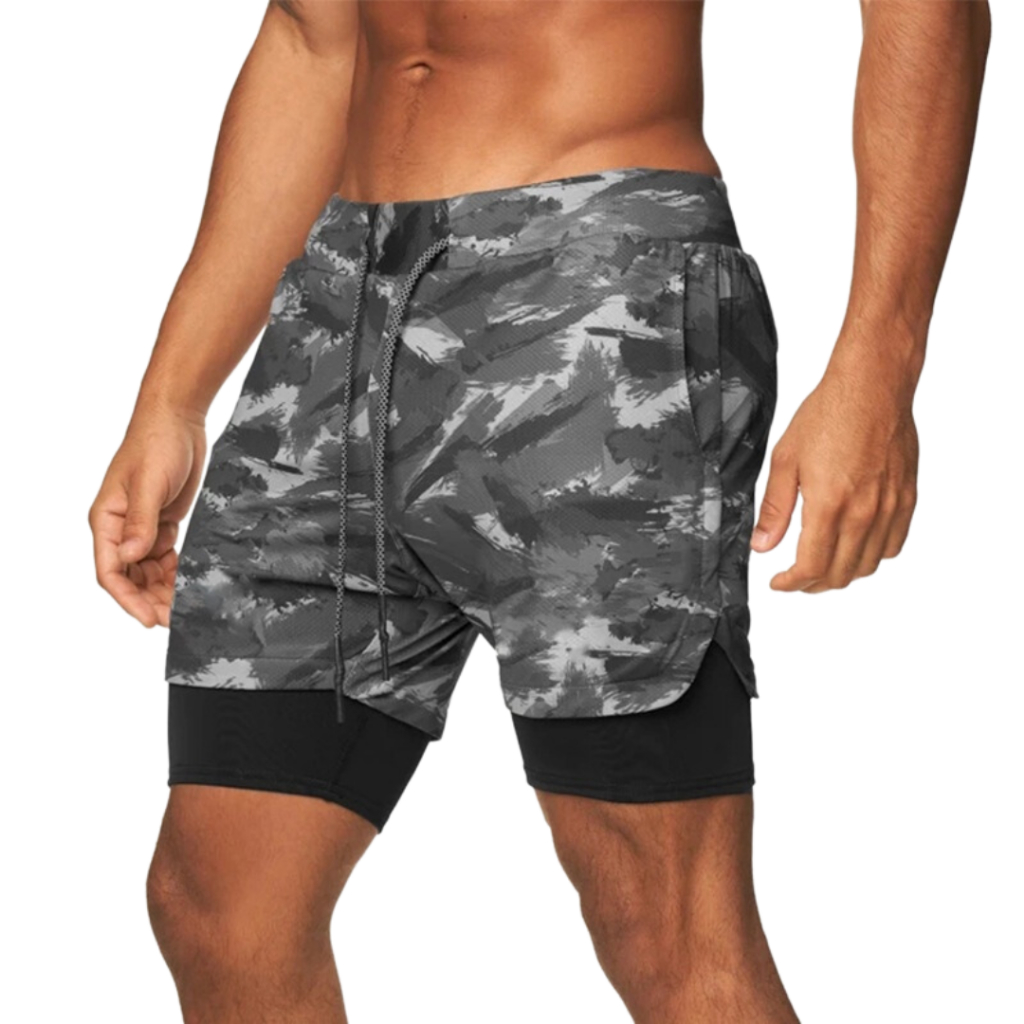 Shorts 2 em 1 camuflado de academia masculino 2 em 1bermuda dupla para treinos corrida calçao esportivo fitnes