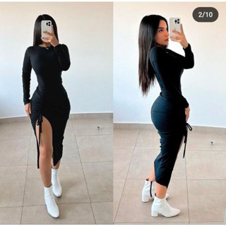 Vestido Mídi Manga Longa Com Puxador Lateral Malha Canelada Rute