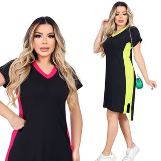 Vestido Feminino Midi Manga Curta Soltinho com Fenda Tendencia