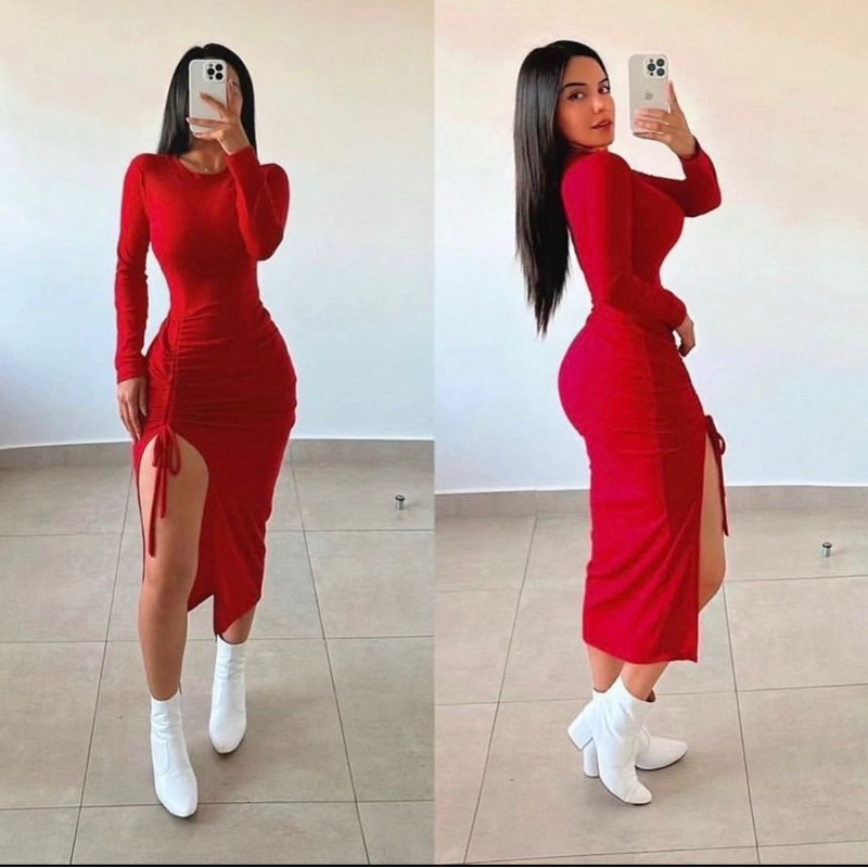 Vestido Mídi Manga Longa Com Puxador Lateral (Rute)