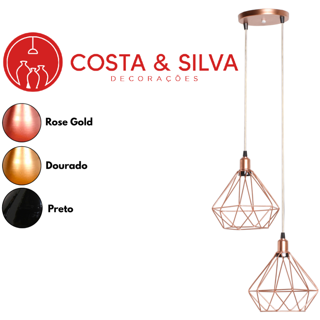 2 Pendente Lustre de Teto Estilo Industrial Diamante Aramado Duplo Luminária Cabo Cristal