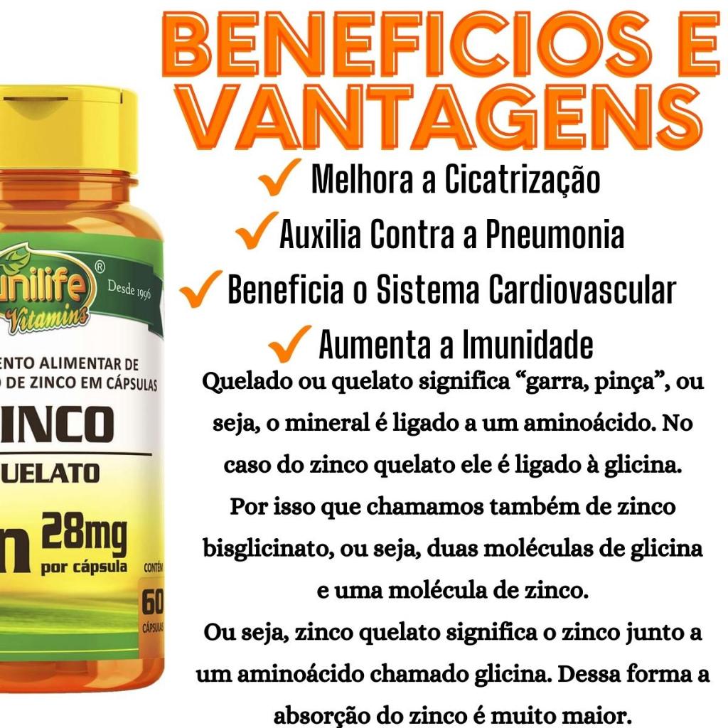 Zinco Quelato 28mg 60 Capsulas Suplemento Vitaminico Unilife