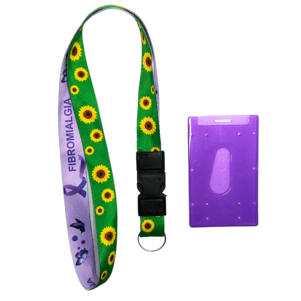 Kit Cordão Pescoço Fecho Engate Rápido Fibromialgia + Porta Crachá Roxo em Oferta na Shopee