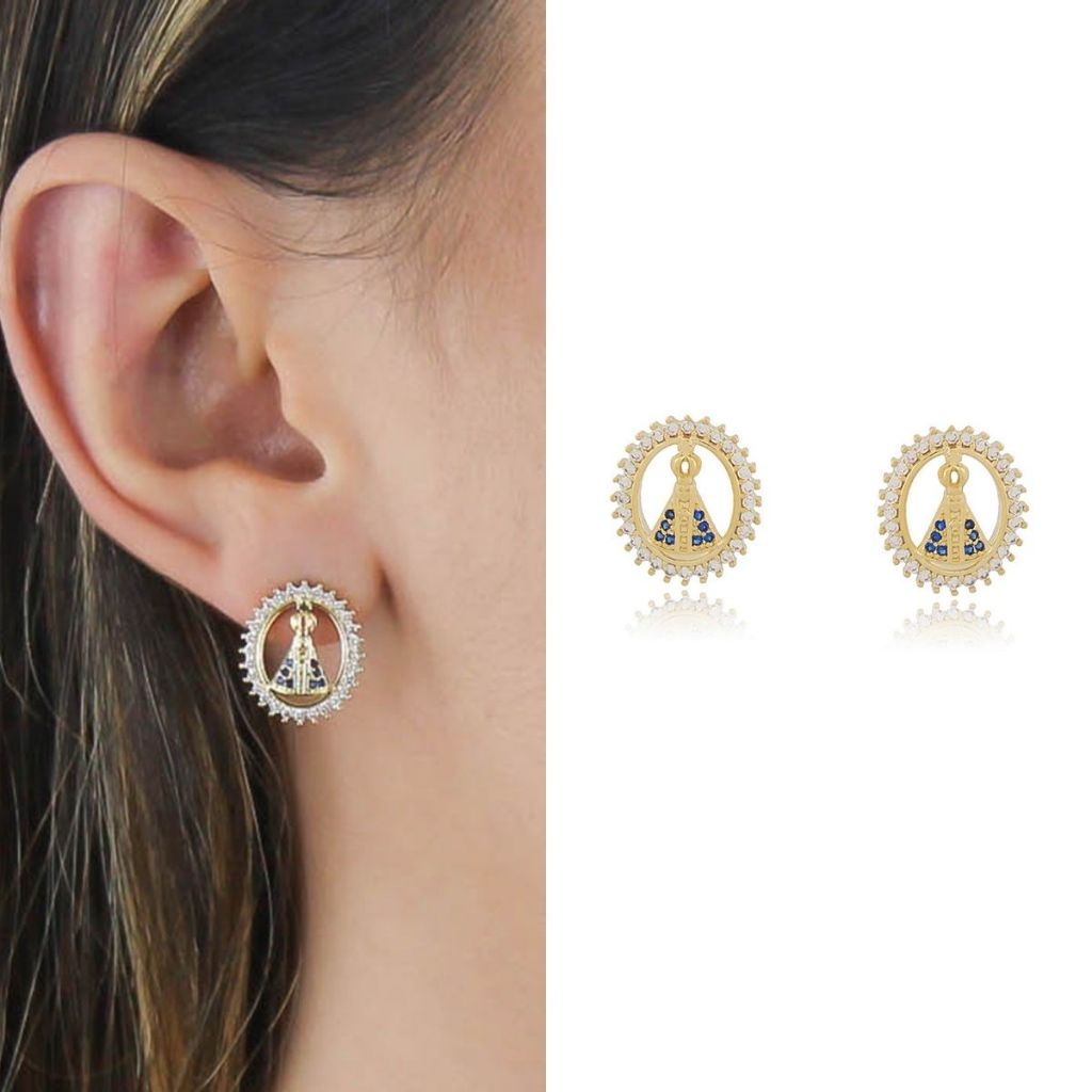 Brinco Nossa Senhora Aparecida Manto Azul Semi Joias Banhado Ouro 18k