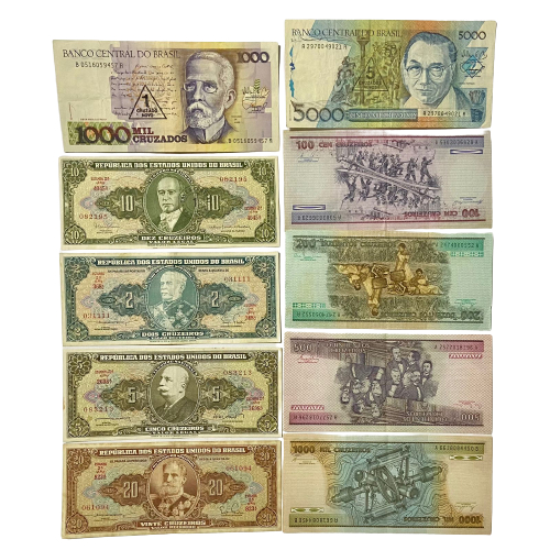 Lote 10 cédulas do Brasil - Cruzeiro [100, 200, 500 e 1000] Ano 1984 [2, 5 e 20] Período 1955 à 1964 Cruzeiro Novo [1 e 5] 1989 [1 centavo] Ano 1967 - MBC - Sem repetição - colecionável