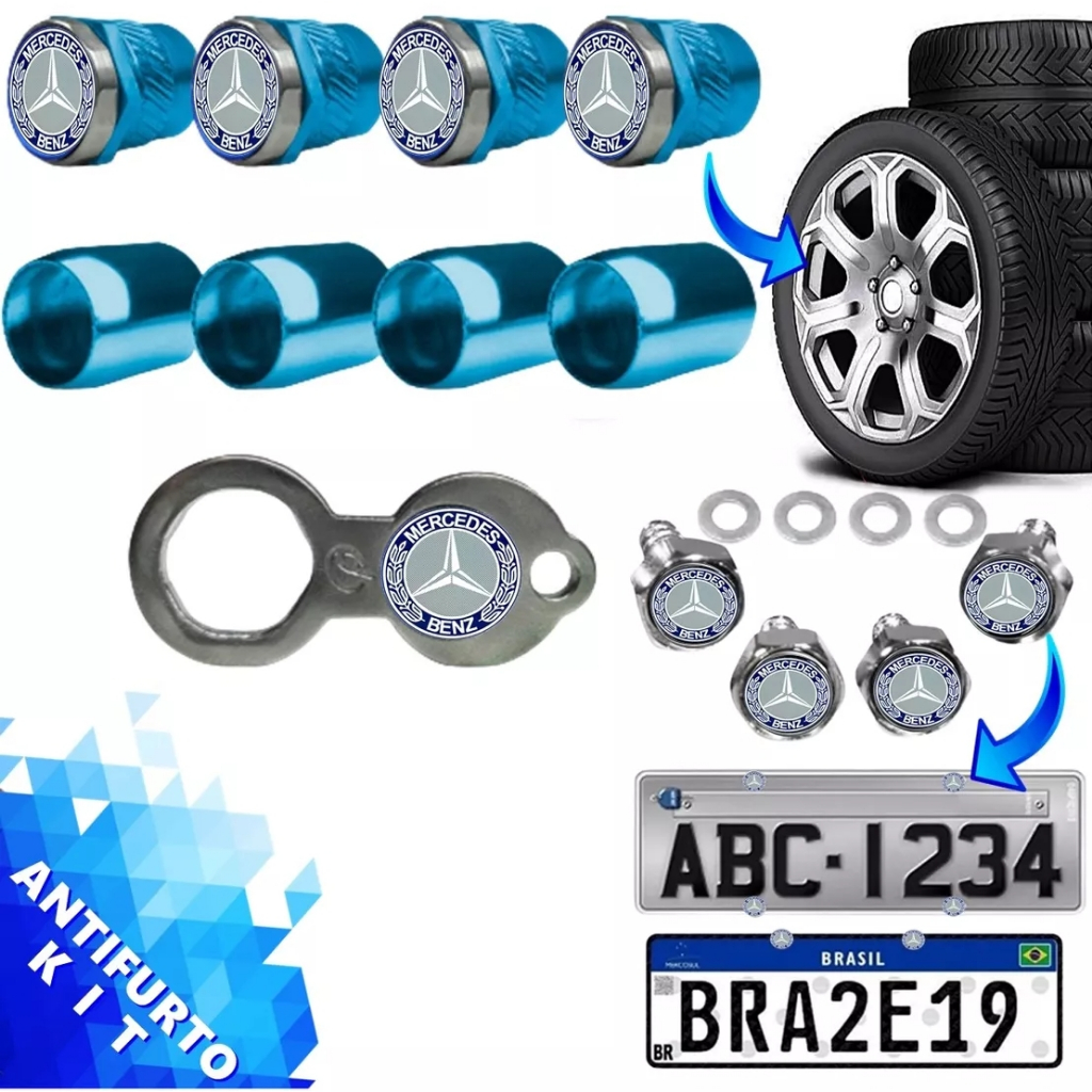 Kit Antifurto da Mercedez Azul Parafusos Placa E Bico De Pneu Para 04 Rodas