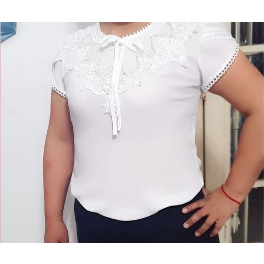 Blusa Camisa Plus Size G2 Branca Manga Curta Renda Social Moda Evangelica Laço bordada pérola Natal Natalina Ano Novo