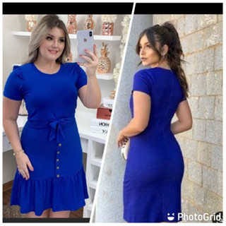 Vestido Tubinho Plus Size Azul Babado Sereia Social fardamentos Evangélicos com cinto