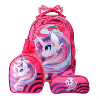 Kit Mochila Escolar Unicornio Carrinho + Lancheira Termica + Estojo