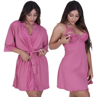 Kit Pós parto de Robe e Camisola Sofia sem Bojo de Microfibra Light de amamentação Feminino em Oferta na Shopee