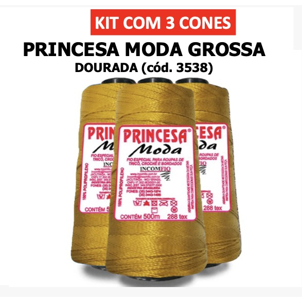 KIT 3 LINHAS - PRINCESA MODA GROSSA DOURADA (3538) / Crochê / Artesanato / Tranças para cabelo / Incomfio