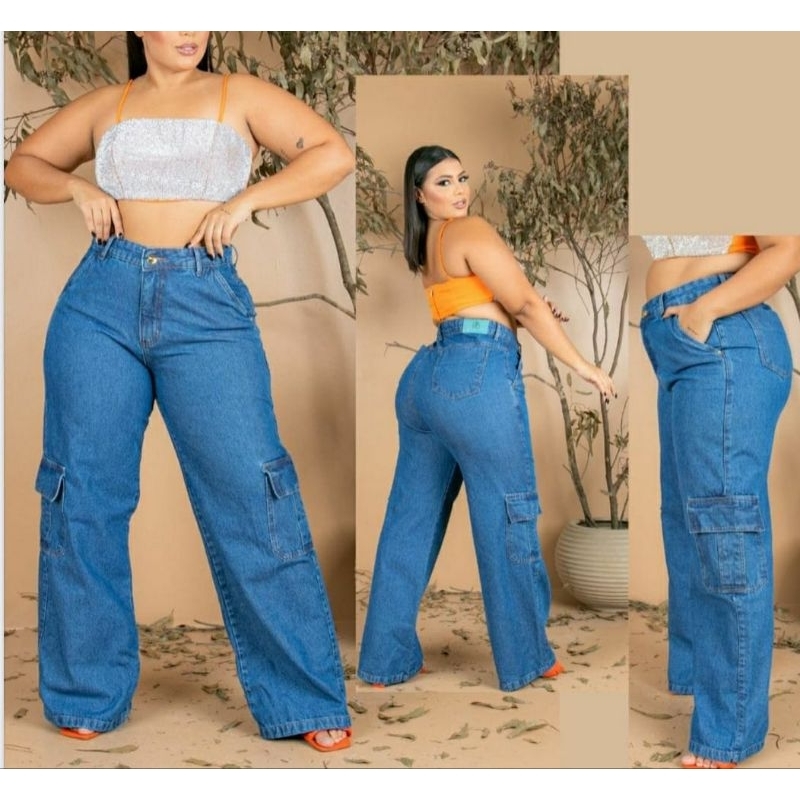 Calça Cargo jeans feminina Calça Plus Size Wid Leg Cargo Cintura Alta Jeans Lisa 46 ao 56 em Oferta na Shopee
