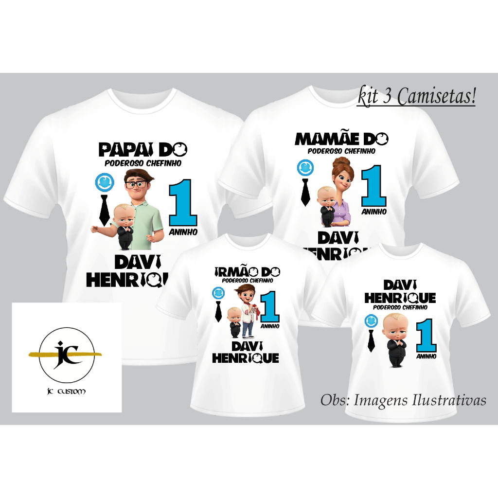 Kit 9 Camisetas Personalizadas Aniversário Tema Poderoso Chefinho Adulto Infantil Plus Size