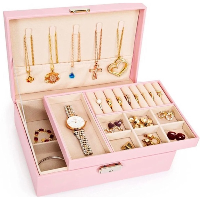 Porta Joia Grande Dupla Camada Multifuncional Couro com Chave Feminino em Oferta na Shopee