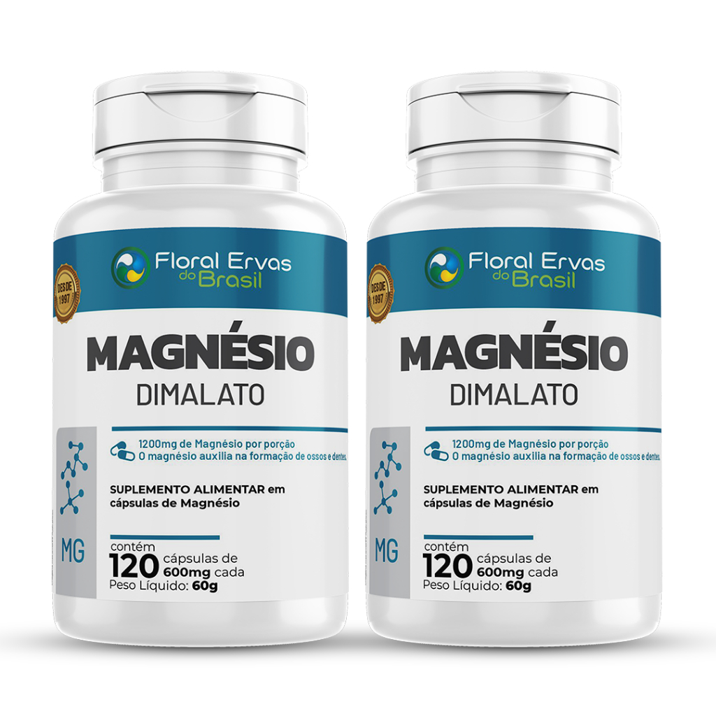 Kit 2 MAGNÉSIO DIMALATO Puro 600mg Com 120 Cápsulas Concentrado Magnésio Alta pureza Floral Ervas do Brasil