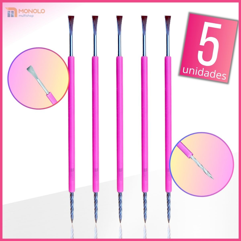 Kit 5 Espátula Cutícula Manicure Cutelaria Rosa Silicone Empurrador Palito Unha Pedicure Podologa