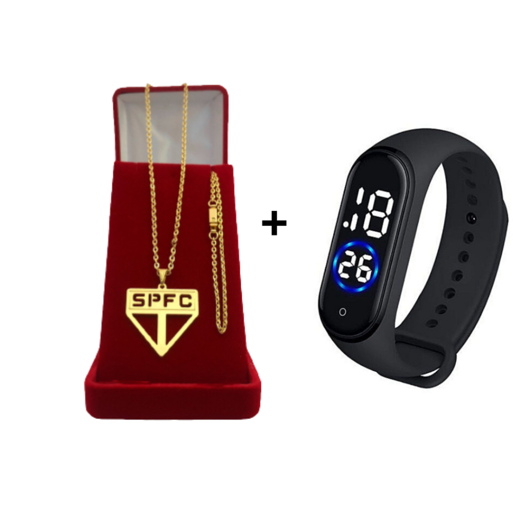 Corrente Masculina Cadeado 2mm Com Pulseira Pingente de Time Banhado a Ouro + Relógio Digital Prova Dagua + Correntinha Masculina Com Pingente Futebol