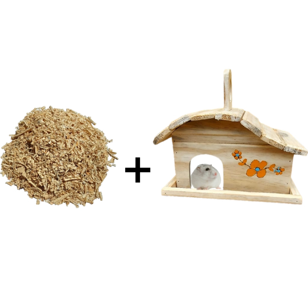 Kit Casinha Feita de Madeira para Hamster + 250 Gramas de Serragem Maravalha - Estimação - Roedor
