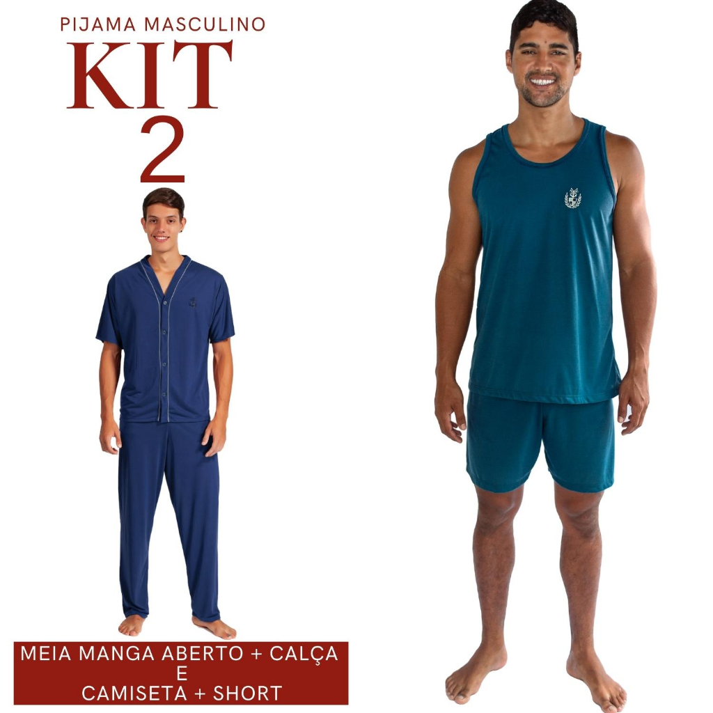 Kit 2 Pijamas Adulto Masculino Camisa Manga Curta E Calça + Camisa Regata e Short
