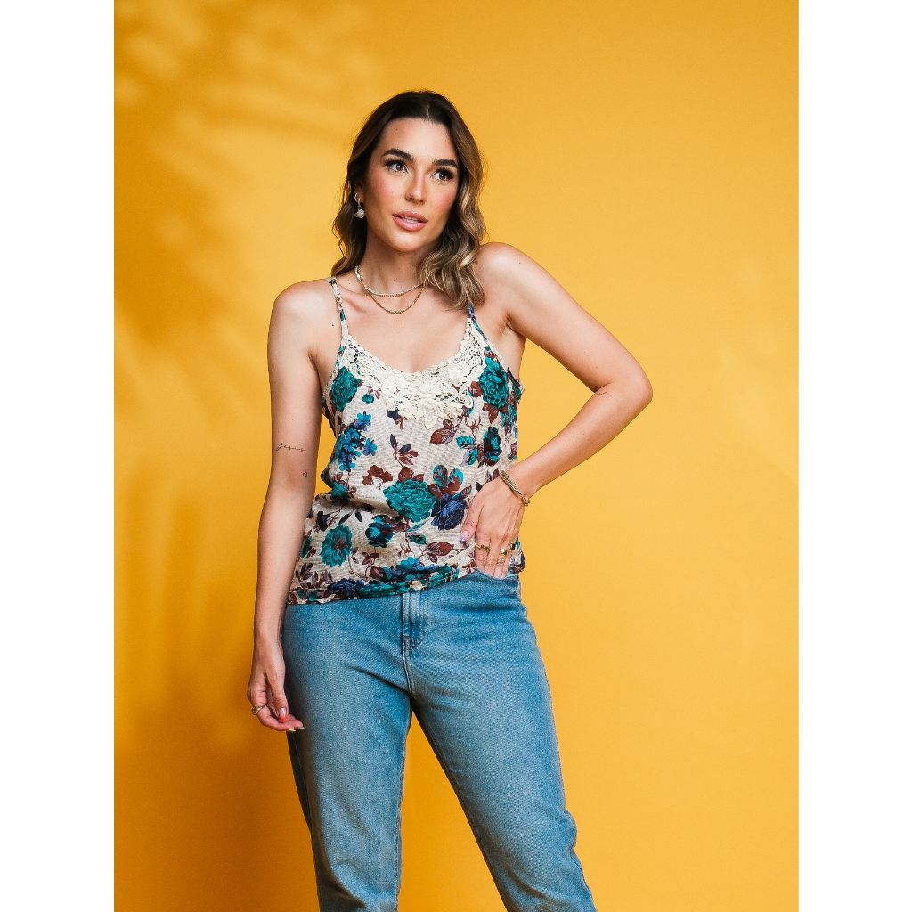 Regata Feminina Estampada com Alcinha Regulável Detalhe em Renda Casual Verão Moda Blogueira
