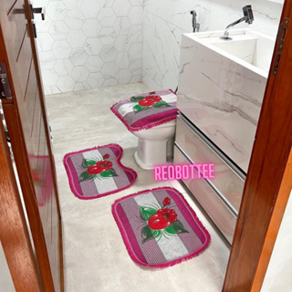 Tapete De Banheiro Kit 3 Peças Flores Rosa Tecido Algodão Quadrado Sanitário Vaso Estampados Lisos em Oferta na Shopee