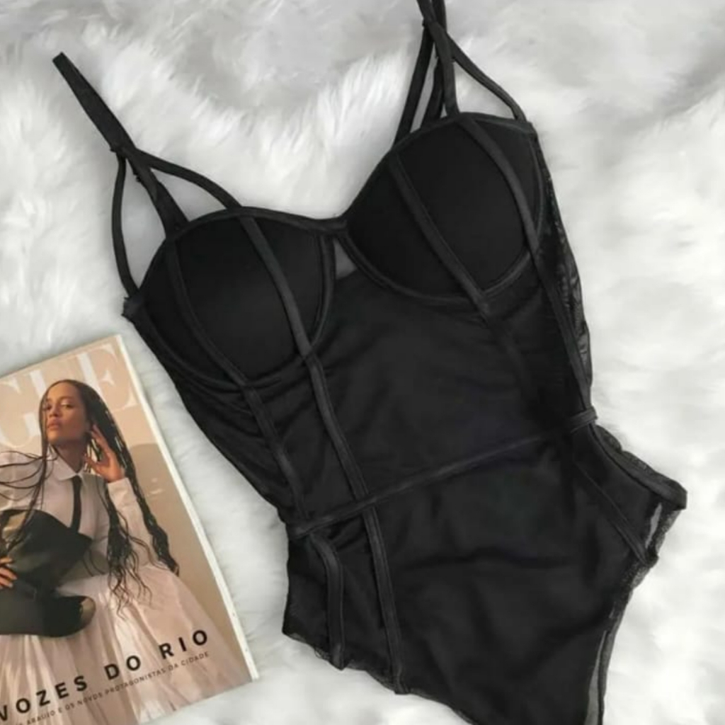 Body Feminino Corcelet Tule Transparente Sexy Renda Lingerie Blogueira Bore Com Bojo