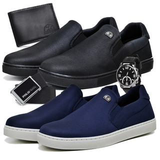 Kit 2 Tênis Masculino Mocassim SlipOn Sapatênis Casual Básico PoloFran Carteira Cinto e Relógio Bali