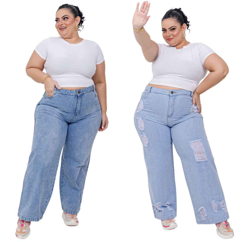 Calça Jeans Plus Size Feminina Wide Leg Pantalona