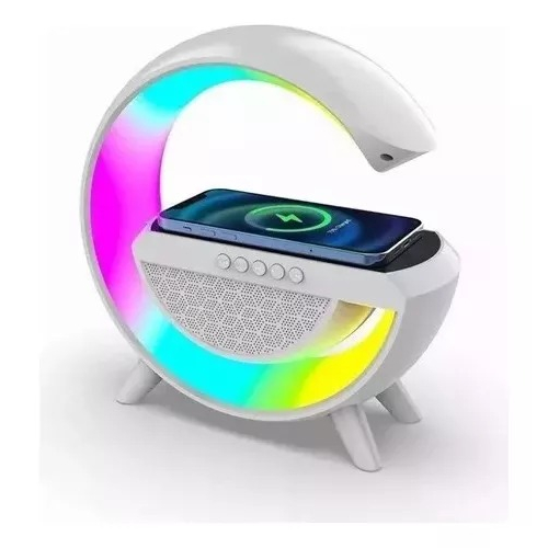 Caixa de Som Abajur Speaker Smart Station Luminária Rgb Led Carregador Induç Cor Branco