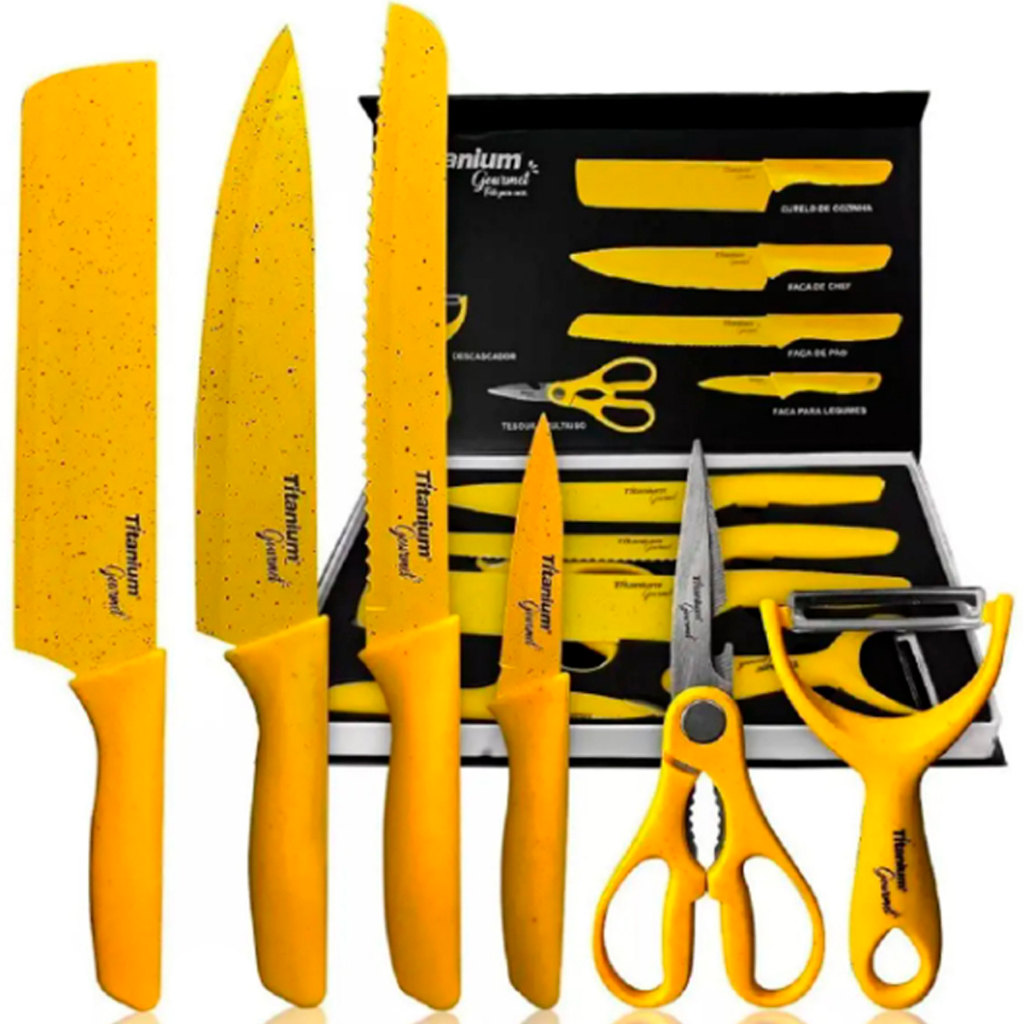 Kit Jogo De Facas Faqueiro Gourmet De 6 Peças Aço Inox Amarelo Profissional Cozinha Churrasco