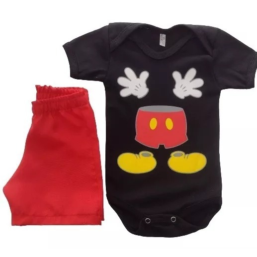 Roupa Mickey Conjunto Temático Bebê Menino Infantil Mesversário Body e Shorts