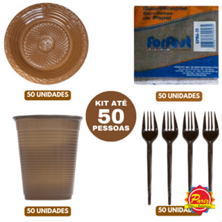 KIT Festa Marrom 50 Pratos 15cm, 50 Copos 200ml, 50 Guardanapos 20 x 22cm e 50 Garfos